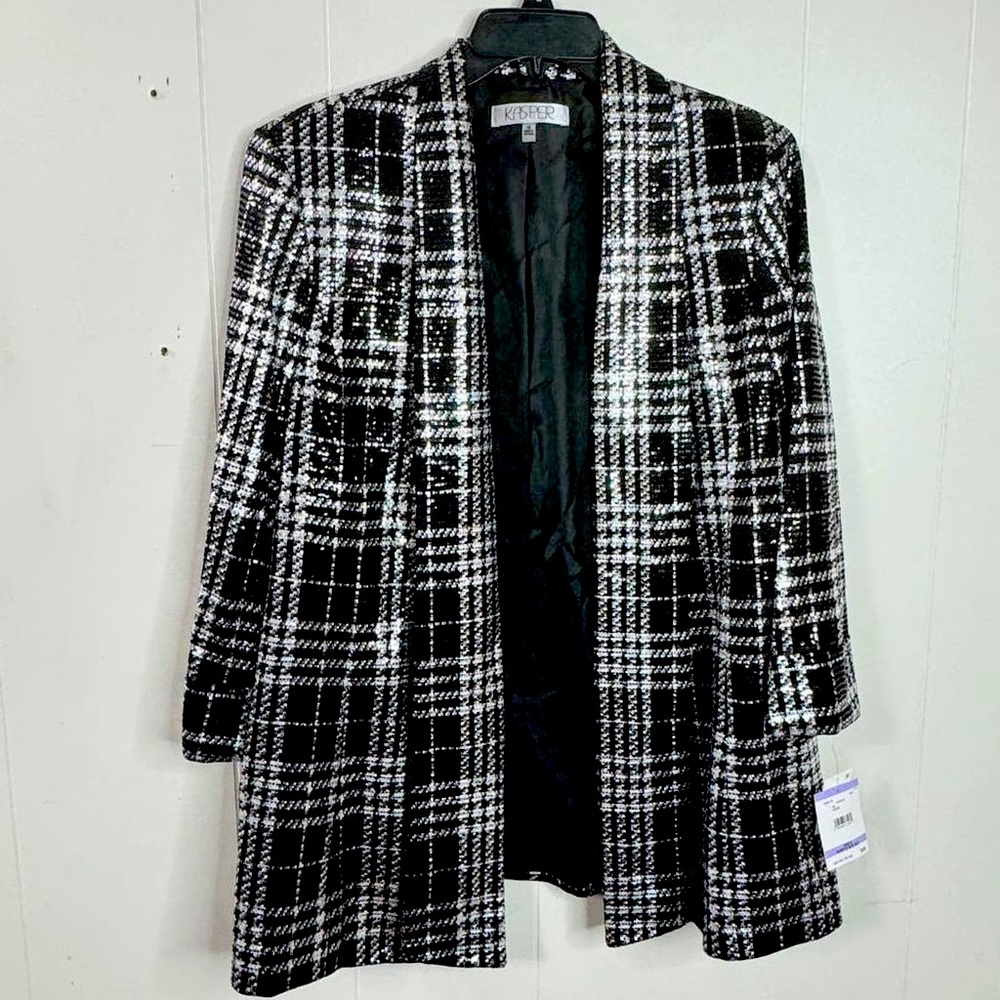 Kasper Womens Blazer Size 14 Black Silver Sequin Open Front 3/4 Sleeve Lined
